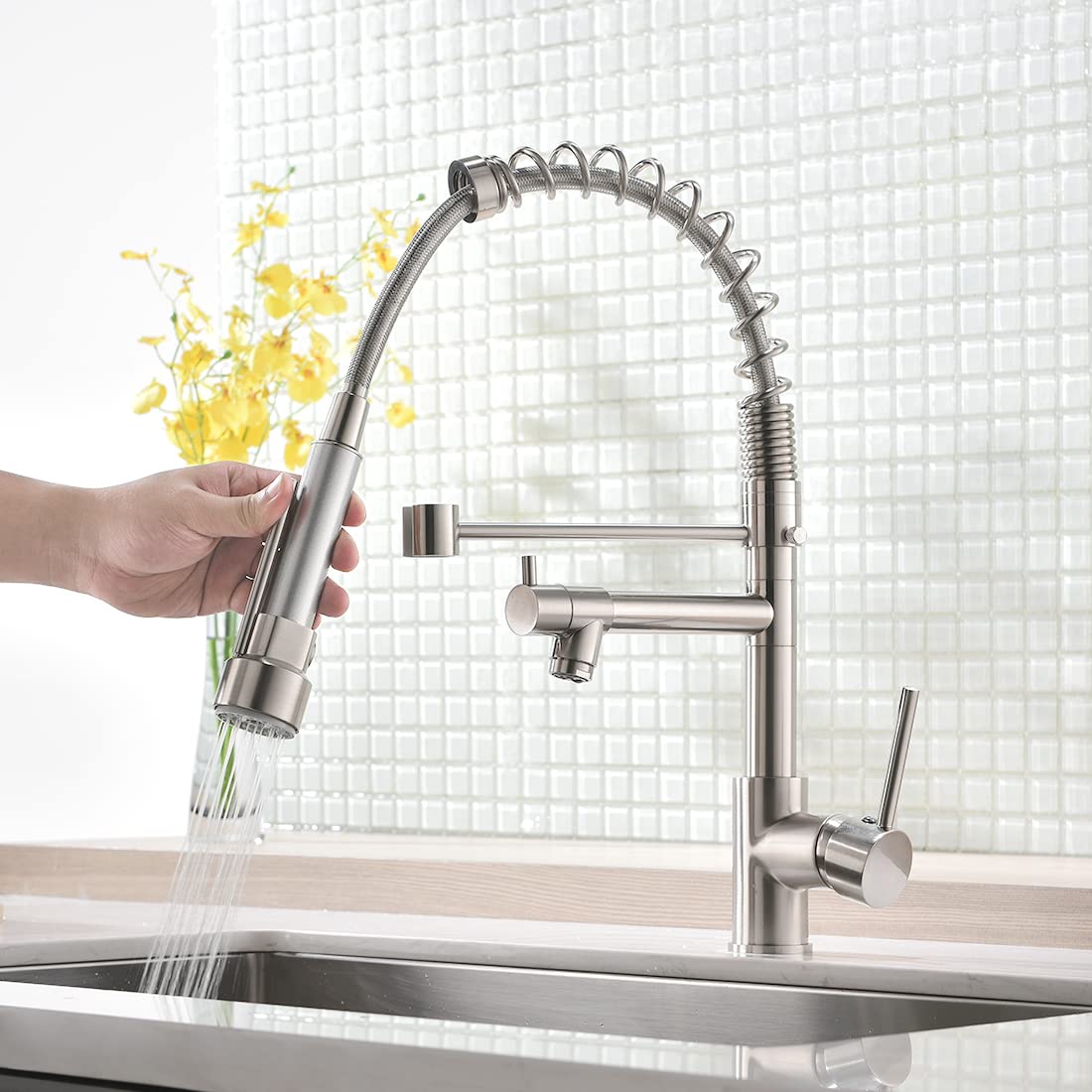 AIMADI Kitchen Faucet with Sprayer 360° Swivel Mixer Tap Pull Down Spring Kitchen Sink Faucet Brushed Nickel Spiral Spring Faucet