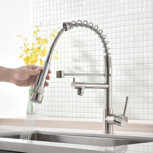 AIMADI Kitchen Faucet with Sprayer 360° Swivel Mixer Tap Pull Down Spring Kitchen Sink Faucet Brushed Nickel Spiral Spring Faucet