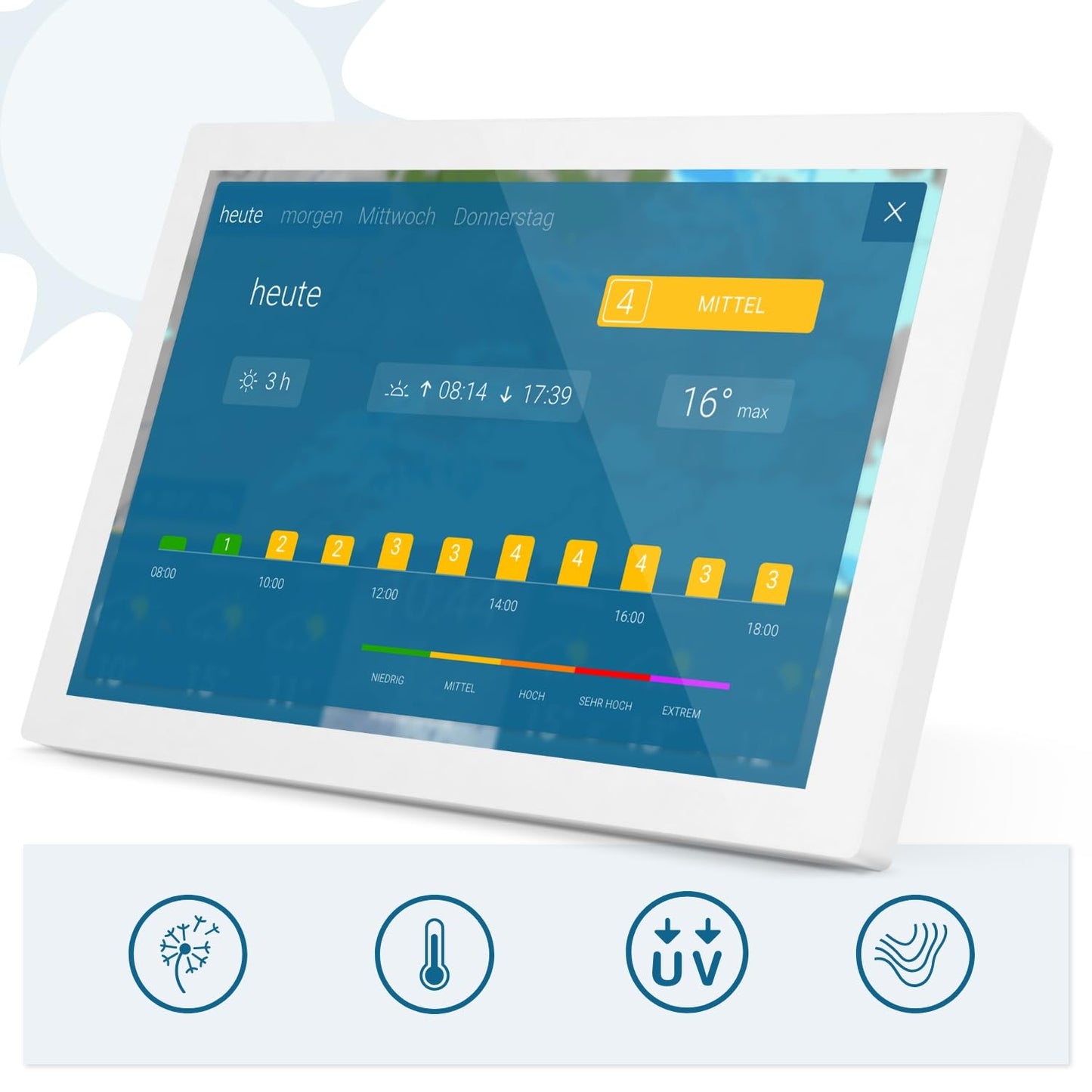 WeatherOnline Home 3, WeatherDisplay with WeatherRadar: new generation of WLAN weather station, indoor sensor to monitor room climate, pollen forecast for allergy sufferers, UV index, severe weather warning.