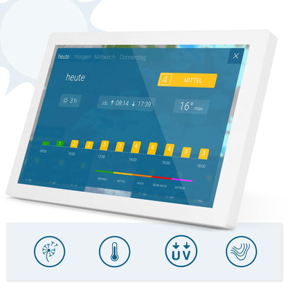 WeatherOnline Home 3, WeatherDisplay with WeatherRadar: new generation of WLAN weather station, indoor sensor to monitor room climate, pollen forecast for allergy sufferers, UV index, severe weather warning.