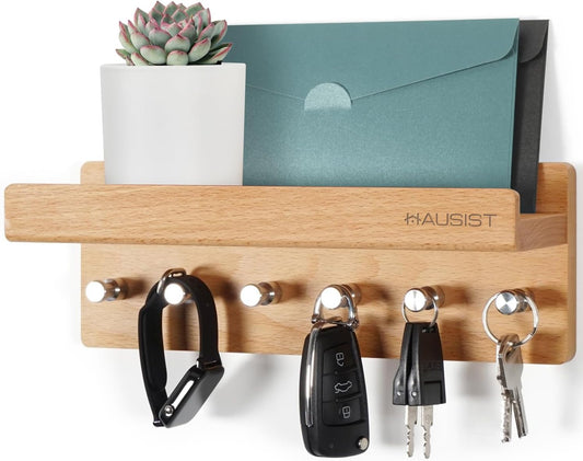 HOUSEIST key rack wood with shelf, wooden key box, key holder with stainless steel hooks, key tray wall, beech key board, key hooks key holder modern