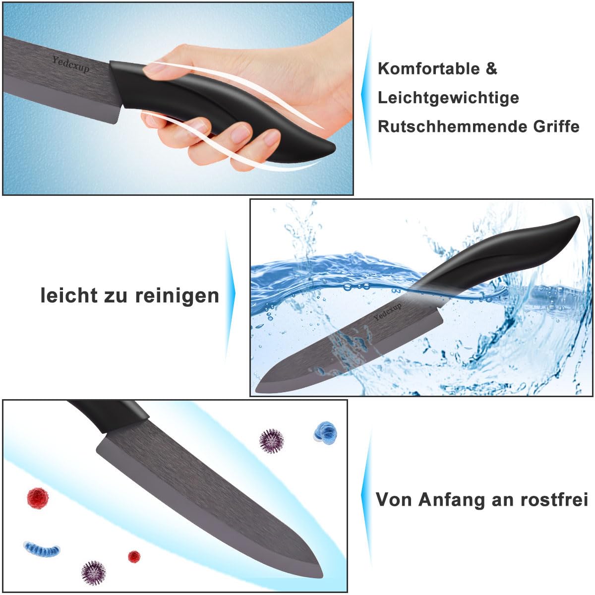 Ceramic Knife Set 4 - Very sharp vegetable knife Good handling small kitchen knife, Contains a 7.6cm paring knife, a 10cm fruit knife, a 12.7cm utility knife, a 15.2cm chef's knife (Black)