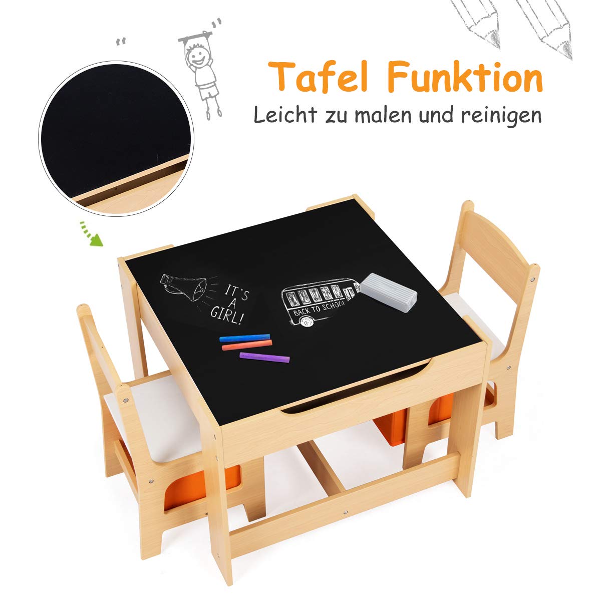 DREAMADE Multifunctional Kids Table Set, Children's Table with 2 Chairs & 2 Storage Boxes for extra space, removable tabletop with chalkboard for drawing, 3-piece Children's Furniture Set (Natural)