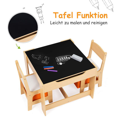 DREAMADE Multifunctional Kids Table Set, Children's Table with 2 Chairs & 2 Storage Boxes for extra space, removable tabletop with chalkboard for drawing, 3-piece Children's Furniture Set (Natural)