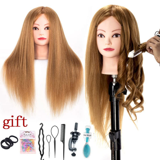 FEIYANJF Training Heads, 24-inch training heads for hairdressers with 50% real hair. Mannequin head for hair styling practice with holder and exquisite gifts (yellow).