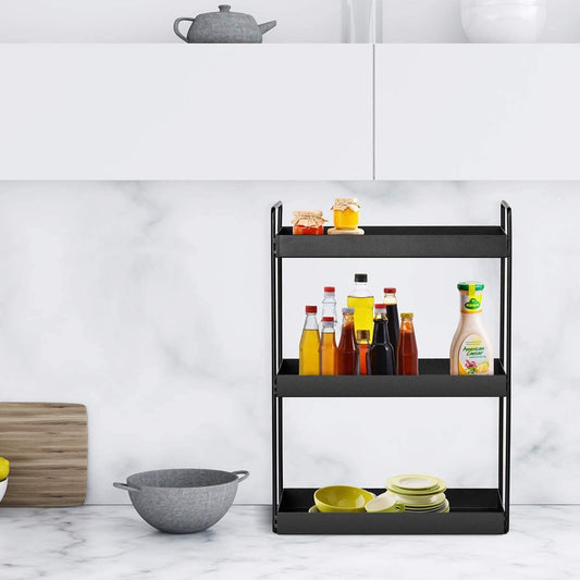XINGDOZ Kitchen Spice Rack with 3 Levels Bathroom Countertop Under Cabinet Organizer Vanity Tray Cosmetics & Makeup Storage, Black