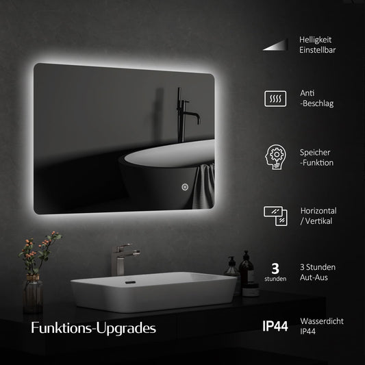 EMKE bathroom mirror with lighting 80x60cm with touch, anti-fog, adjustable brightness, memory function, cool white 6500K energy-saving bathroom mirror with lighting