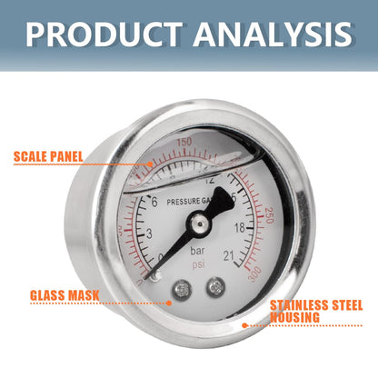 Innfeeltech 1-Pcs 40mm Pressure Gauge BSP 1/8" 0-21 Bar 0~300 Psi with 3-piece socket 1/8" to 1/4", 1/8" to 3/8", and 1/8" to 1/2" and a Teflon tape, axial