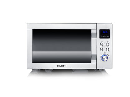 SEVERIN 3-in-1 microwave with glass bottom, grill, and hot air function, large cooking area for square dishes, black/stainless steel, MW 7777