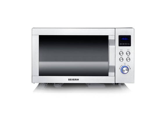 SEVERIN 3-in-1 microwave with glass bottom, grill, and hot air function, large cooking area for square dishes, black/stainless steel, MW 7777