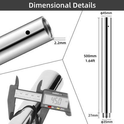 PRIOR FITNESS Extension for Pole Dance - Accessories of 125 mm / 250 mm / 500 mm, for 45 mm extension tube. Extension tube only included (Silver, 500 mm).