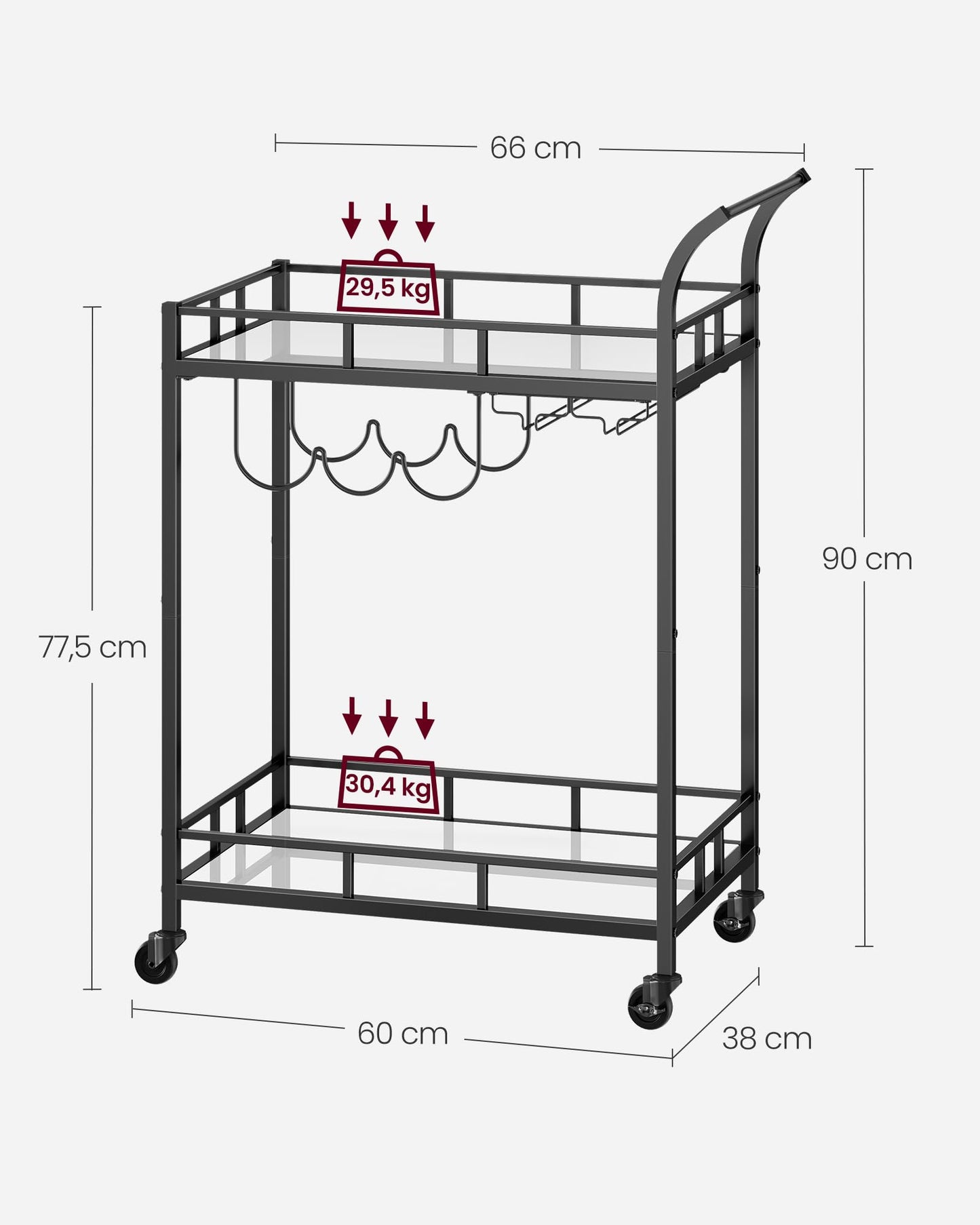 VASAGLE Bar Cart, Rolling Cart, Glass Holder, 2 Mirrored Glass Shelves, Wine Cart, for Kitchen, Dining Room, Bar, Black LRC092B62