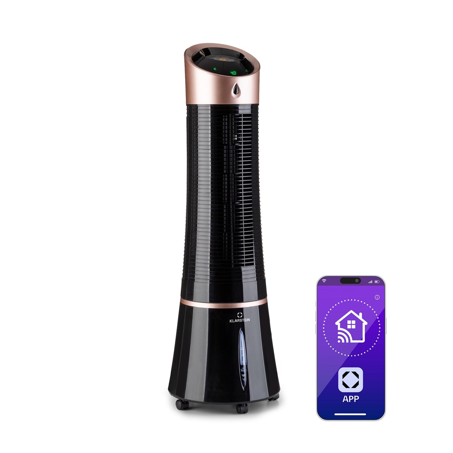 Klarstein 4-in-1: Smart air cooler, fan, humidifier & ionizer I 6L water tank, oscillation, 30W, 210m³/h, timer I Portable air conditioner, no exhaust hose needed I Black-rose gold color.