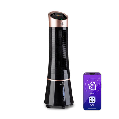 Klarstein 4-in-1: Smart air cooler, fan, humidifier & ionizer I 6L water tank, oscillation, 30W, 210m³/h, timer I Portable air conditioner, no exhaust hose needed I Black-rose gold color.
