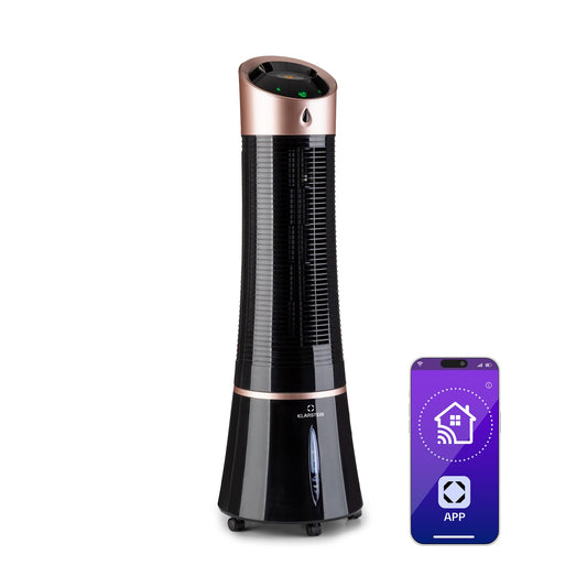Klarstein 4-in-1: Smart air cooler, fan, humidifier & ionizer I 6L water tank, oscillation, 30W, 210m³/h, timer I Portable air conditioner, no exhaust hose needed I Black-rose gold color.