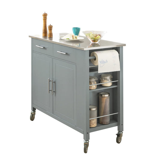 SoBuy kitchen trolley with stainless steel top, rolling cart with side shelf, sideboard, kitchen island, kitchen cabinet & serving cart on wheels, mobile trolley for kitchen organization in gray, 107x94x46 cm FKW108-HG.