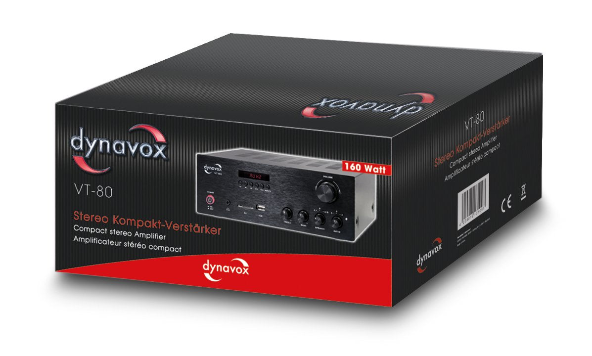 Dynavox VT-80 stereo compact amplifier in black, screwable connection terminals for 4 speakers, remote control functions only for digital inputs (USB, SD card), integrated BT antenna.