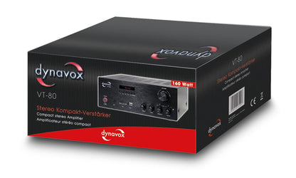 Dynavox VT-80 stereo compact amplifier in black, screwable connection terminals for 4 speakers, remote control functions only for digital inputs (USB, SD card), integrated BT antenna.
