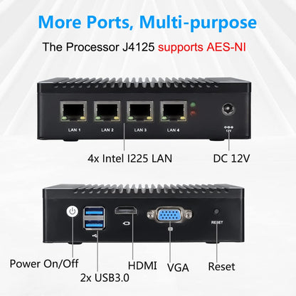 Sharevdi Mini PC Micro Firewall Appliance, Intel Celeron J4125 Quad Core Mini Computer, Firewall Mini PC, 4X Intel 2.5 GbE i225/i226 LAN Ports, Supports AES NI mSATA SSD (8G 128G)