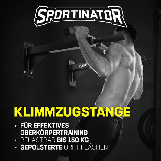 SPORTINATOR® pull-up bar including black accessories for wall mounting, suitable for home gym, various strength exercises, high-quality stainless steel, unisex, supports up to 150 kg.