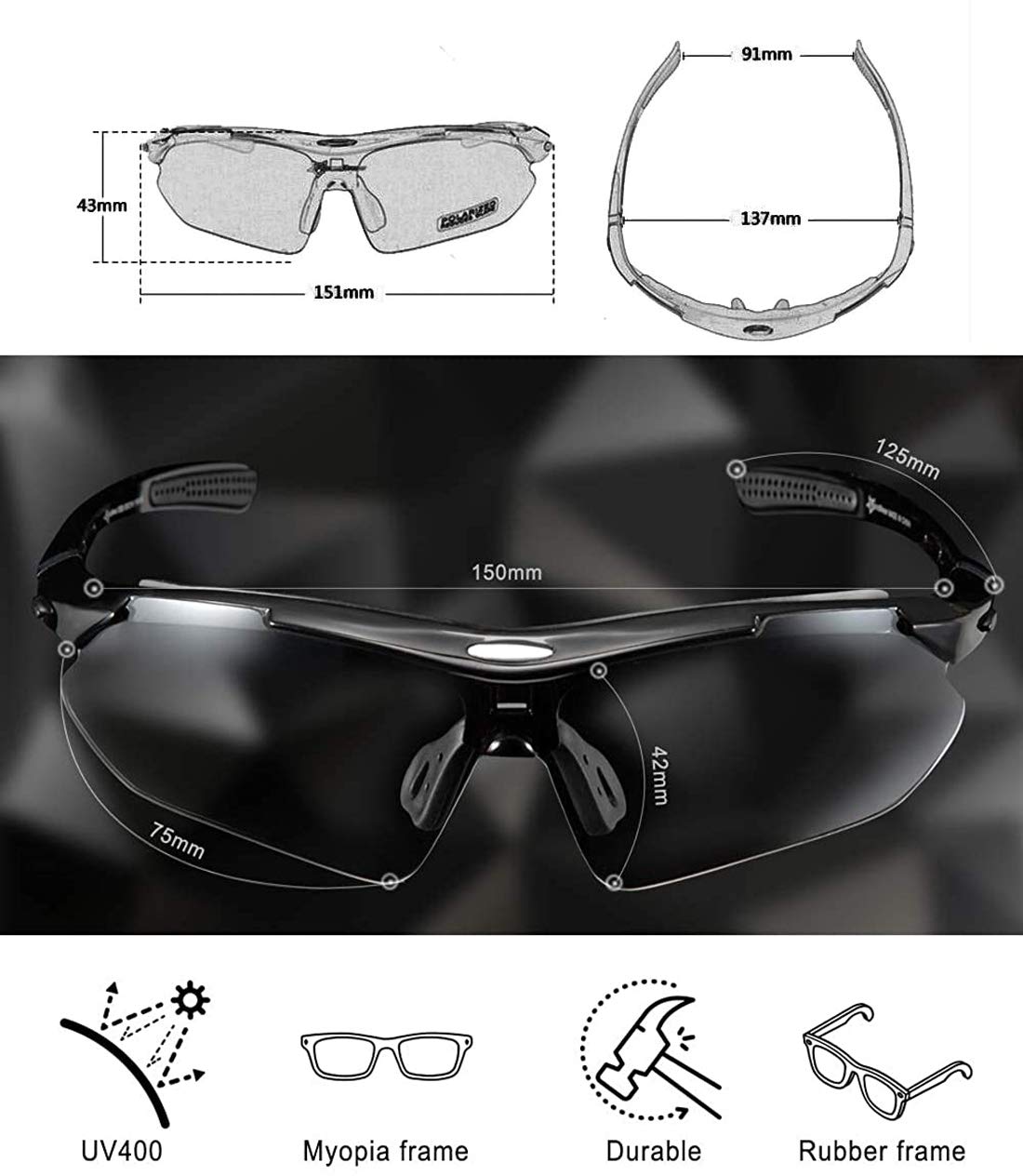 ROCKBROS Bike Glasses Polarized Sunglasses with 5 Interchangeable Lenses for Women Men Sports Glasses Cycling Running Fishing for Outdoor Sports.