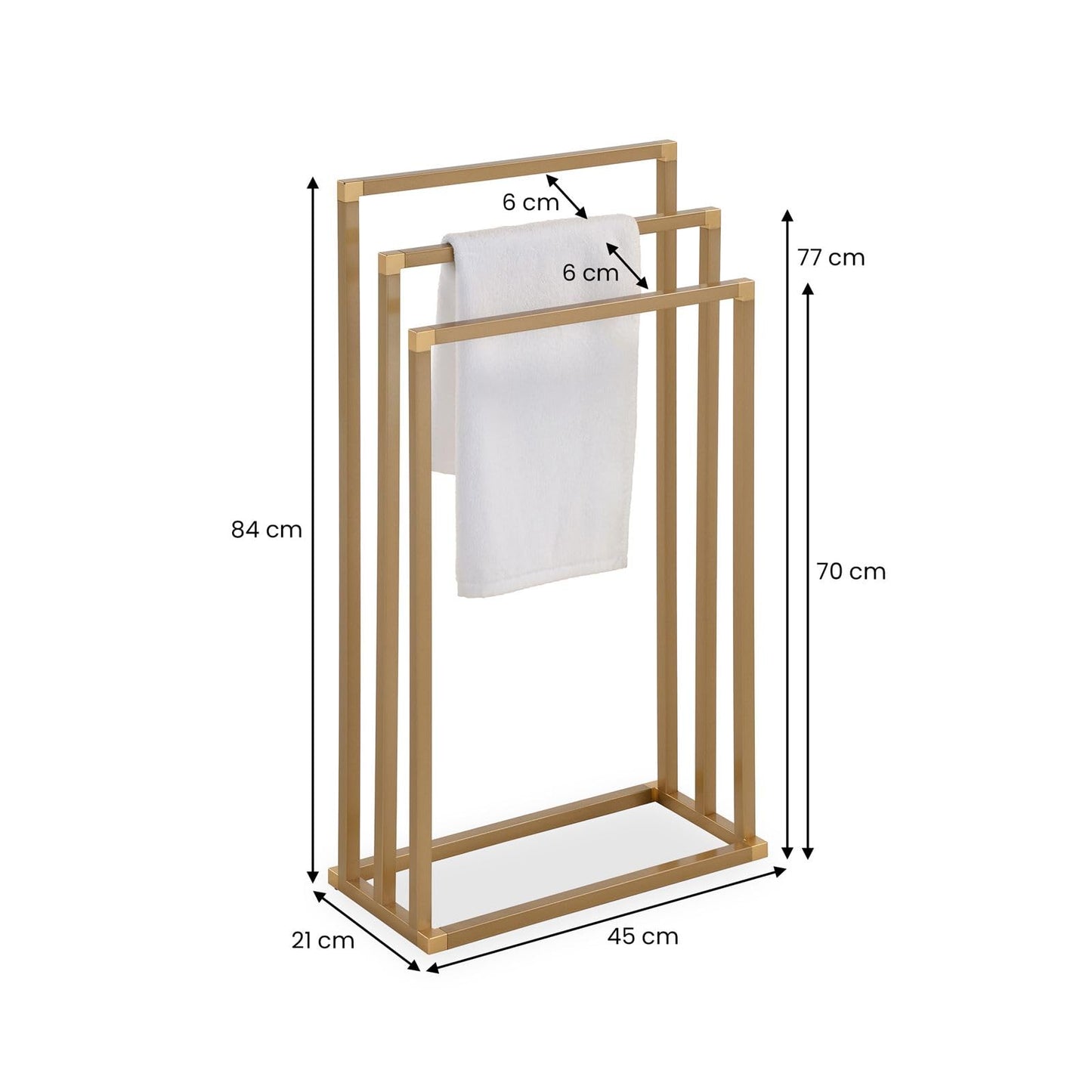 Towel holder KUNO, gold painted - freestanding towel rack with 3 bars, made of metal.