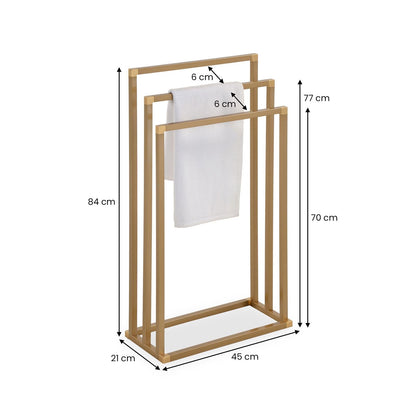 Towel holder KUNO, gold painted - freestanding towel rack with 3 bars, made of metal.