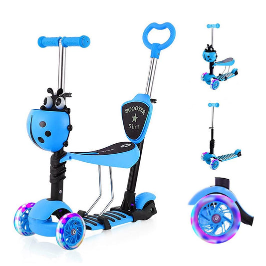YOLEO 5-in-1 Kids Scooter with Removable Cartoon Basket Seat Push Handle LED Big Wheels Comfortable Backrest Height-Adjustable Handlebars for Toddlers Boys Girls from 2 Years (Blue)