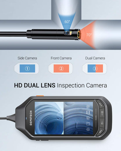 DEPSTECH Dual Lens 1080P Endoscope Camera with Light, Endoscope with 4.5-inch IPS screen, HD Inspection Camera with 6 adjustable LED lights, 3500mAh battery, 32GB TF card, carrying case, Pipe Camera (5M)