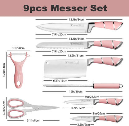 9-piece pink sharp non-stick coated chef knife block set, stainless steel knife set for kitchen with sharpener for slicing, cutting, dicing, chopping (pink)
