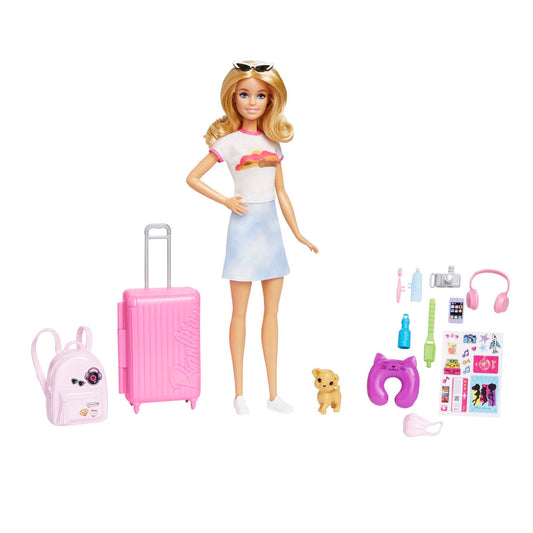 Barbie doll, Barbie Travel with blonde hair, 10+ travel accessories, stickers, suitcase, puppy, includes 1 doll, gift for kids, toy for ages 3+, HJY18