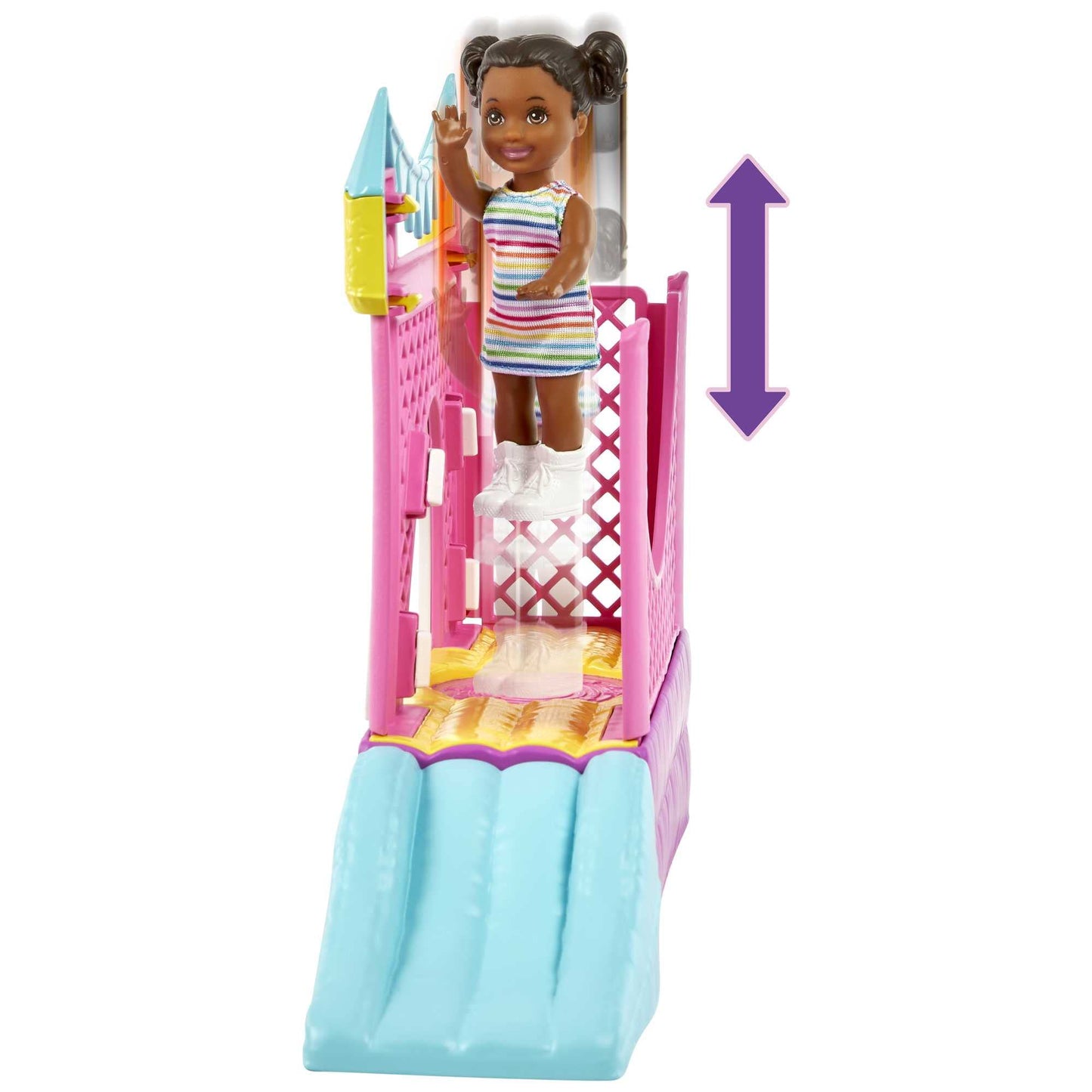 Barbie Skipper Babysitter Inc Bounce House, includes 1 Skipper doll with brown and purple hair, 1 toddler with brown braids, swing, slide, accessories, gift for kids ages 3 and up.