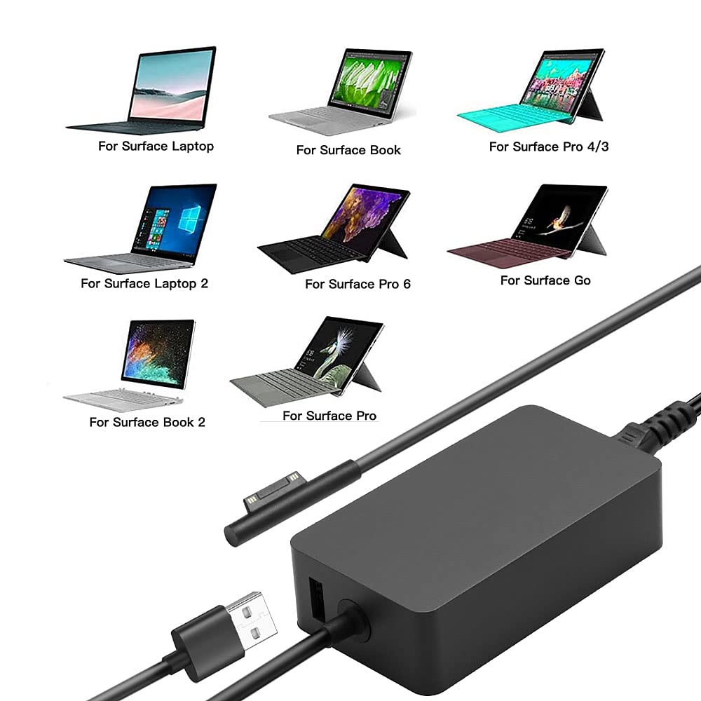 65W Surface Power Adapter Charger Cable for Microsoft Surface Pro 10 9 8 7 6 5 4 3 Surface 7 6 5 4 3 2 1 Surface Book 3 2 1 Surface Go 4 3/2/1 Tablet Surface Laptop Studio/Go with USB port.