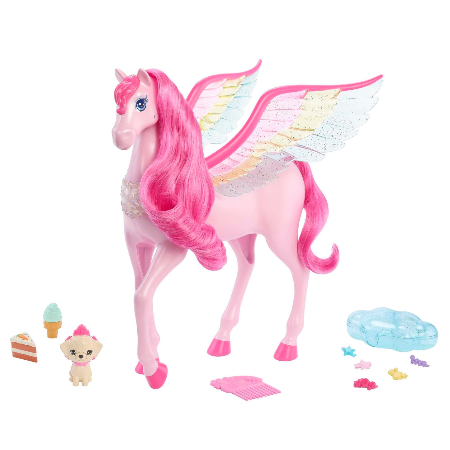 Barbie Hidden Magic Pegasus - Interactive toy with lights and sounds, 10 accessories, rainbow wings, for children 3+. Item number HLC41.