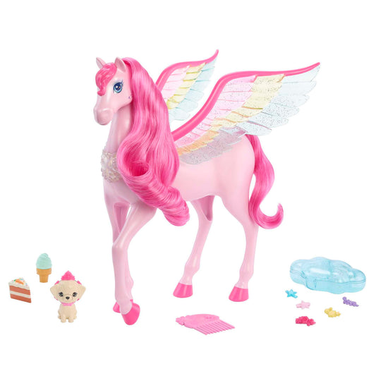 Barbie Hidden Magic Pegasus - Interactive toy with lights and sounds, 10 accessories, rainbow wings, for children 3+. Item number HLC41.