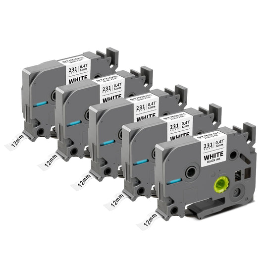 5x Compatible for Brother P-Touch tapes 12mm TZe-231 TZ-231 Ub-231 label tape for P-Touch Brother labeling machine PT-1010 D400 H105 H100R H107 H100LB D200 1000, Black on White tape
