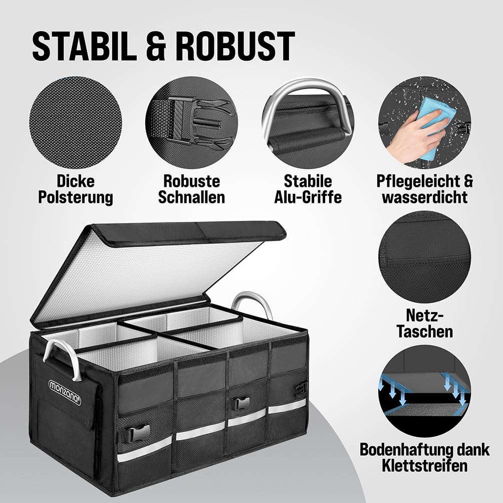 Monzana® Trunk Organizer Cover 68L Insulation Aluminum Handles Dividers Waterproof Foldable MDF Walls Non-Slip Trunk Bag Cooler Bag Folding Box