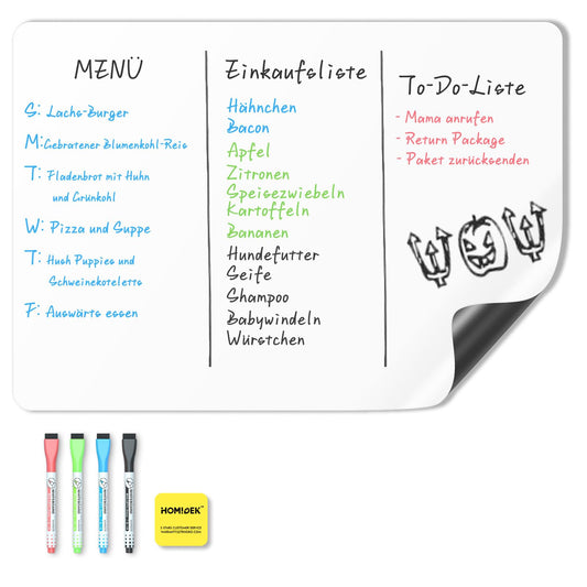 HOMiDEK Magnetic Whiteboard Refrigerator Magnet Board - White Board for Menu Weekly Planner, Shopping List, To-Do List - Memo Board for Office School Home with 3 Markers and Eraser, 33x51cm