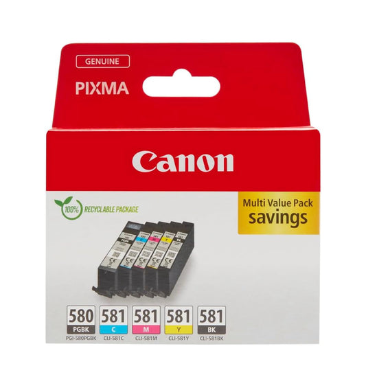 Canon Ink Multipack - PGI-580/CLI-581 Original Printer Ink Cartridges 5-Pack (1 x Black, 1 x Cyan, 1 x Magenta, 1 x Yellow & 1 x Black printer cartridges)