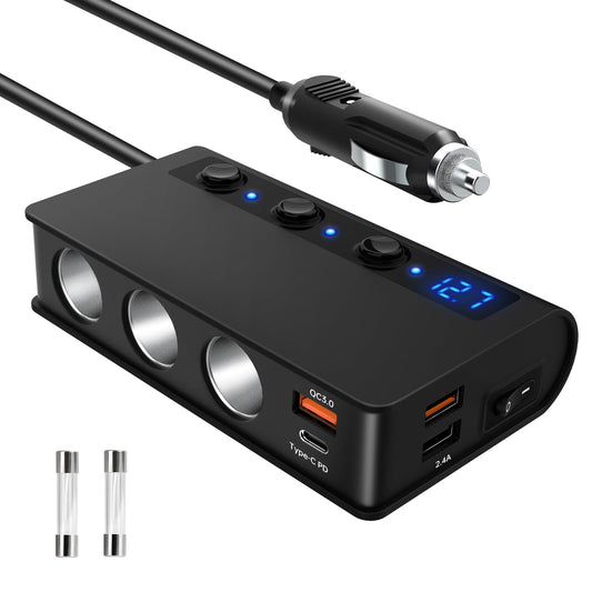 QC 3.0 Car Charger 3-Port Vehicle Fast Charger, PD Type-C 180W Cigarette Lighter Splitter Car Adapter 12V/24V Socket Splitter 2 QC 3.0 USB & Type-C Port for Phone 12 13 XR, GPS Dash Cam Mobile Phone