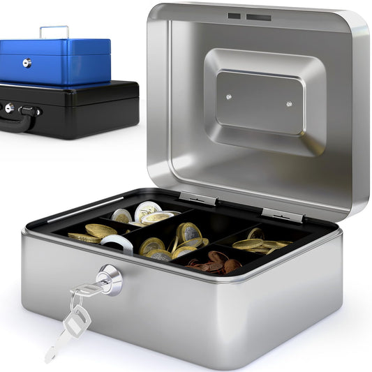 ACROPAQ Lockable Cash Box - Cash Register with Coin Counting Tray, Small 16 x 20 x 9 cm - Lockable Box, Money Safe, Cash Case suitable for Money Storage - Silver - 10001S