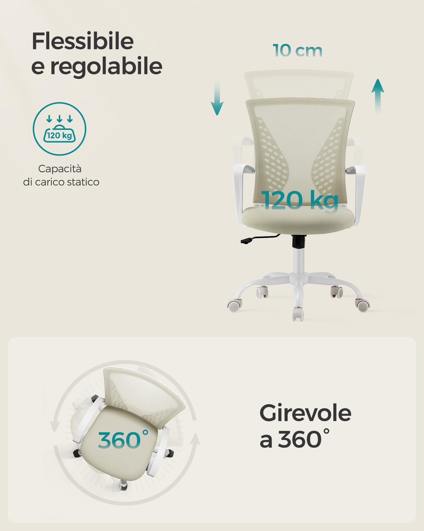 SONGMICS office chair with mesh backrest, adjustable height, swivel function, breathable fabric, suitable for office and home office, supports up to 120 kg, in cappuccino beige color OBN022K01