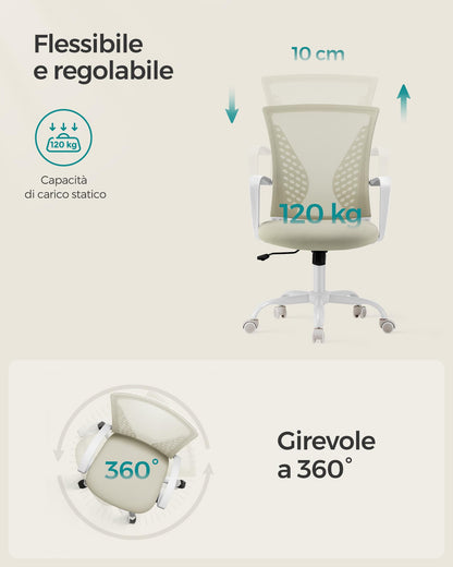 SONGMICS office chair with mesh backrest, adjustable height, swivel function, breathable fabric, suitable for office and home office, supports up to 120 kg, in cappuccino beige color OBN022K01