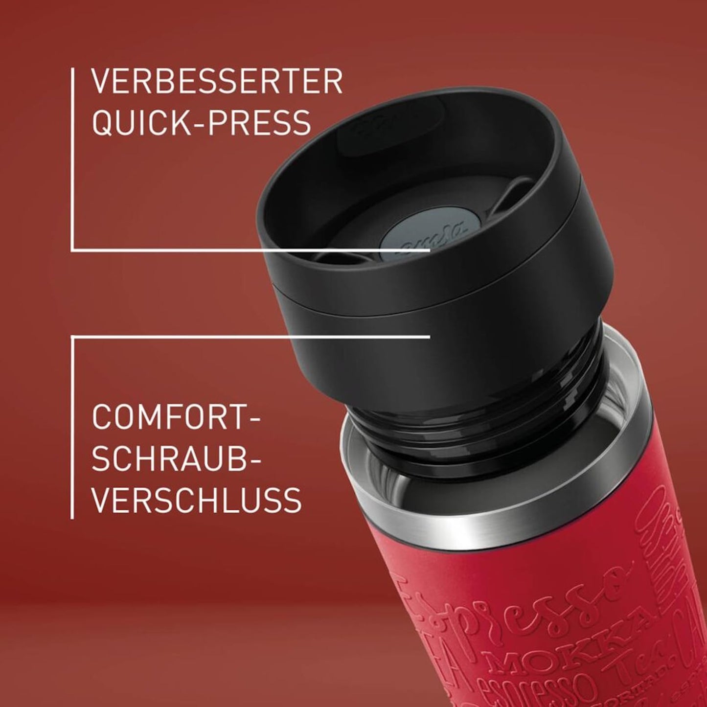 Emsa N20222 Travel Mug Classic insulated mug 0.5 liters, new comfort screw cap, stainless steel, keeps hot for 6h and cold for 12h, 100% leak-proof, dishwasher safe, 360° drinking opening, Dark Red