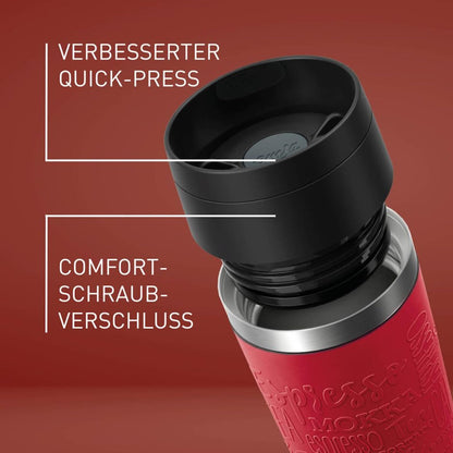 Emsa N20222 Travel Mug Classic insulated mug 0.5 liters, new comfort screw cap, stainless steel, keeps hot for 6h and cold for 12h, 100% leak-proof, dishwasher safe, 360° drinking opening, Dark Red
