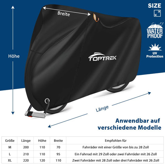 Toptrek bike cover for 3 bikes 210D with seam tape Oxford fabric Waterproof High quality bike garage Outdoor 220 x 120 x 110 cm Tear resistance Sun protection Bike cover with bag