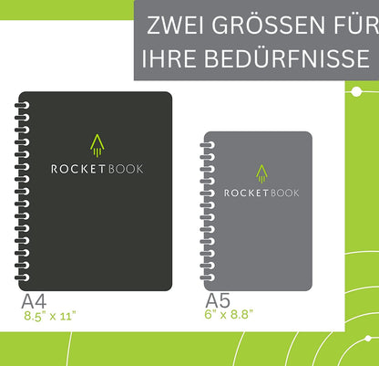 Rocketbook Core Reusable Digital Notebook - Executive A5 Black - Electronic Notepad with Dot Grid - ReWritable with incl. Pilot Frixion Pen and Microfiber Cloth