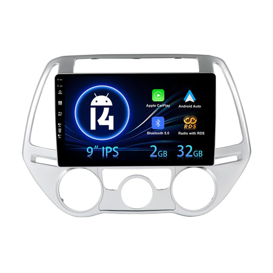 Android 14 car radio fits Hyundai i20 2010-2014 - 9 inch with GPS navigation - supports DAB/USB/Carplay/WiFi/4G/MirrorLink/SWC/AUX/Bluetooth/FM/RDS.