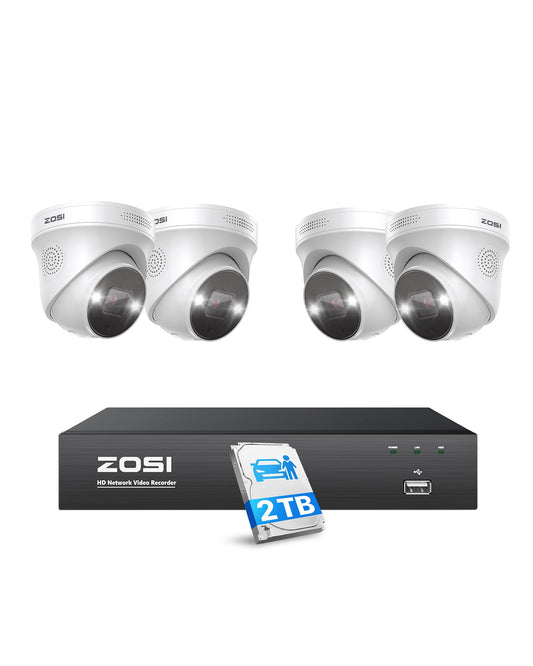 ZOSI 5MP Surveillance Camera Set, 8CH 4K 2TB HDD NVR with 4X 5MP PoE IP Camera Video Surveillance Set, Person and Vehicle Detection, Spotlight Alarm.