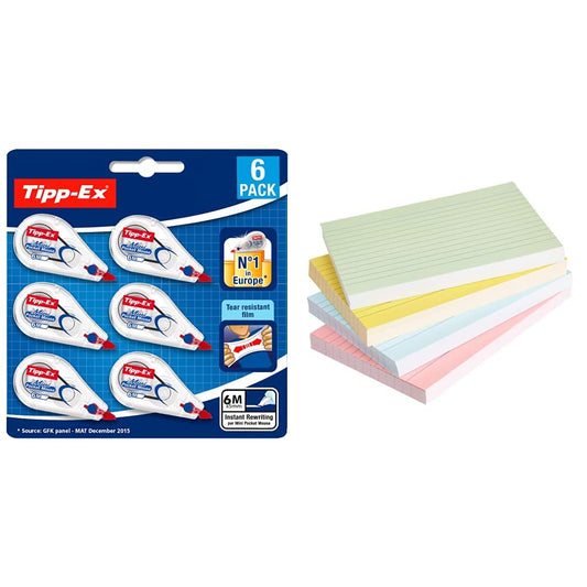 Tipp-Ex 962703 Correction Tape Mini Pocket Mouse, 6m x 5mm, 2x3 Pack, Ideal for office, home office, or school & Amazon Basics - Index Cards, lined, A6, 200 pieces.